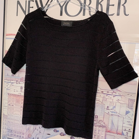 Dana Buchman black knit short sleeve horizontal sheer stripe top Size M - Picture 2 of 7